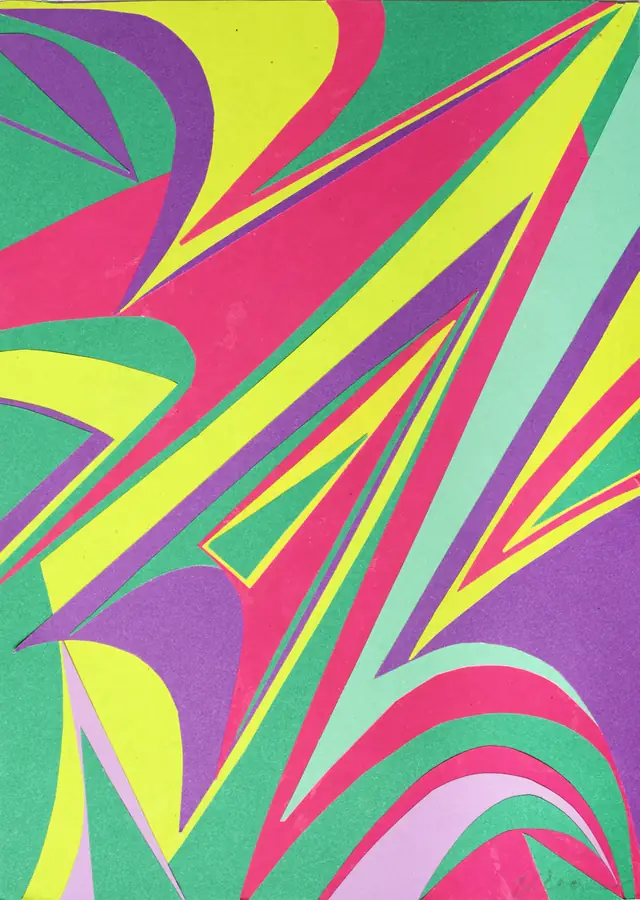 Fine art paper collage 'Candy Cane' by Kika Pierides — flowing curved stripes in pink, yellow, green, mint and purple