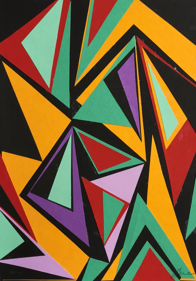 Fine art paper collage 'Colour Parade: 1' by Kika Pierides — scattered multicoloured hand-cut paper shapes on white