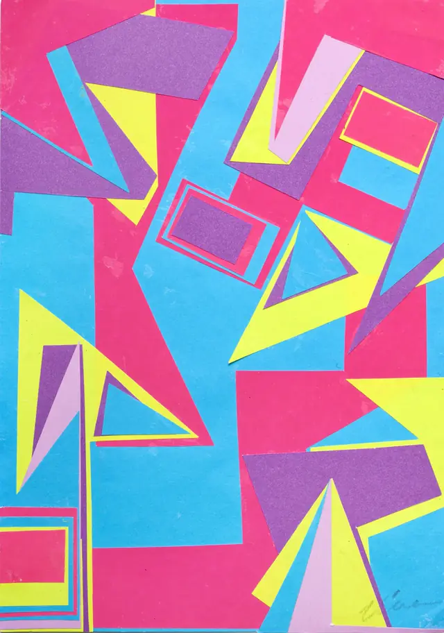 Fine art paper collage 'Geowar' by contemporary patternist Kika Pierides — Tetris-inspired geometric paper shapes