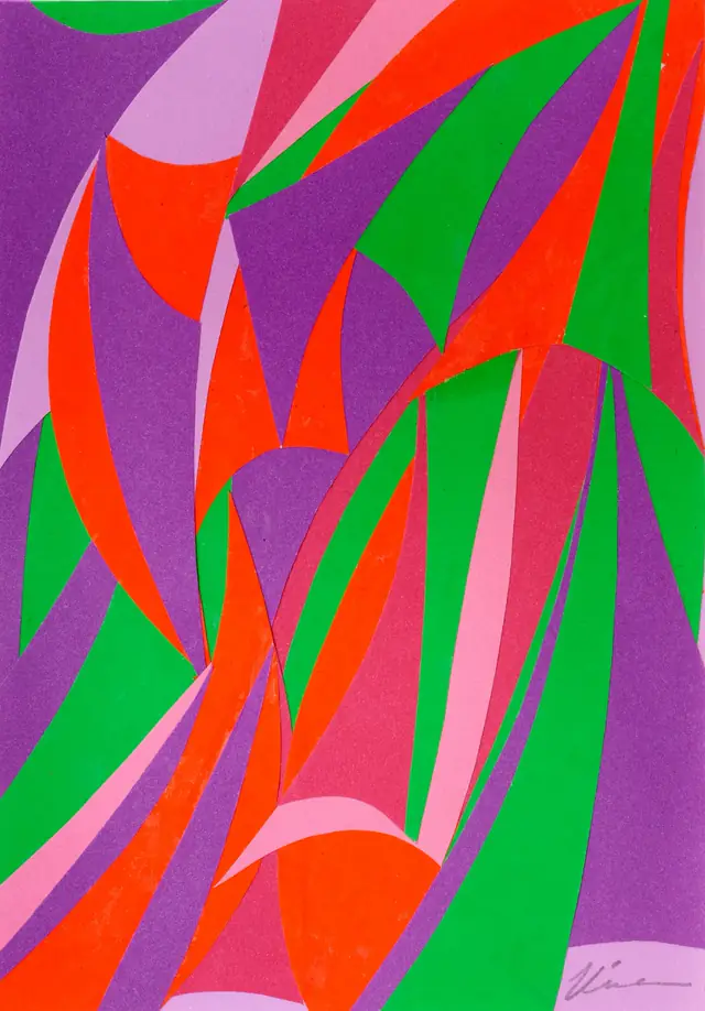 Fine art paper collage 'Parade' by Kika Pierides — sweeping curved bands in red, orange, green, purple and pink