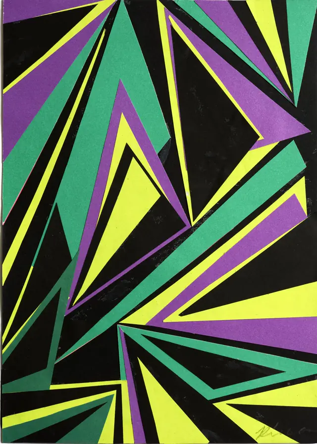 Fine art paper collage 'Triangle Series: 2' by Kika Pierides — sharp overlapping triangles in purple, green, yellow and black