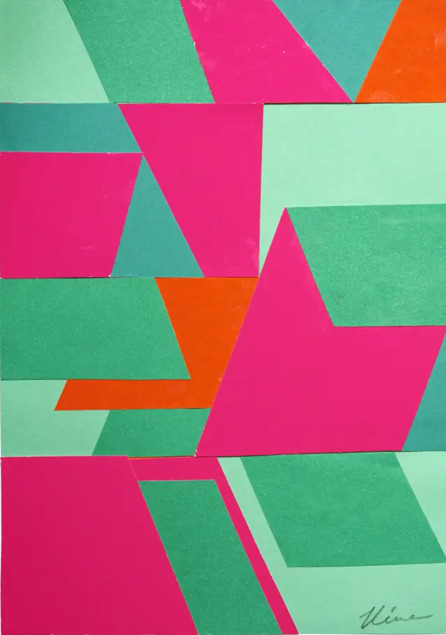 Fine art paper collage 'Triangle to Square' by Kika Pierides — geometric shapes in pink, orange, green and turquoise morphing triangles into squares