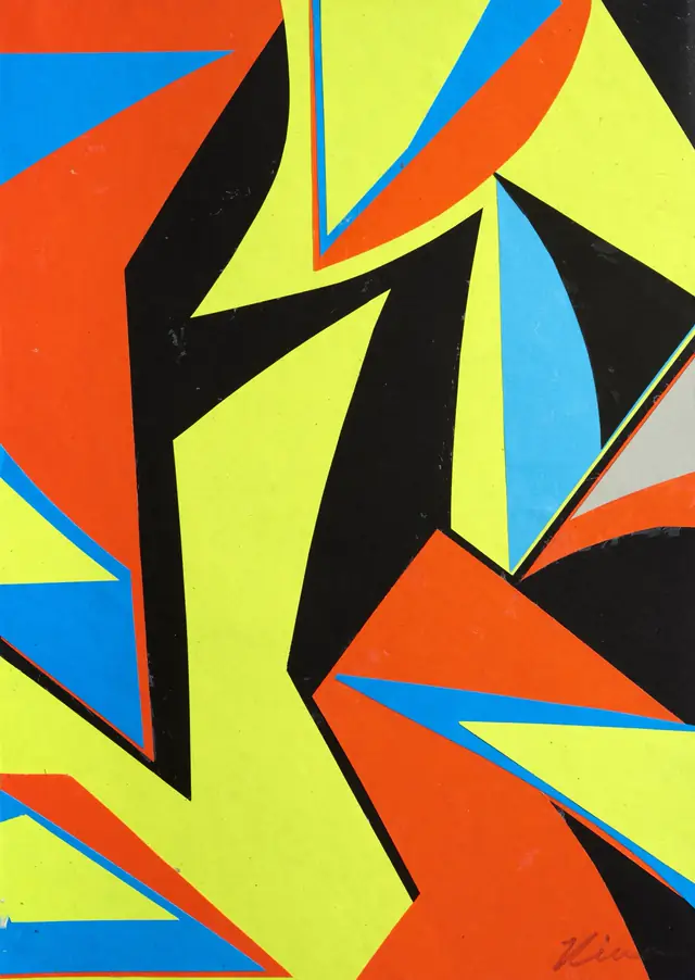 Fine art paper collage 'Untitled' by Kika Pierides — horizontal torn paper strips in green, blue, red and white
