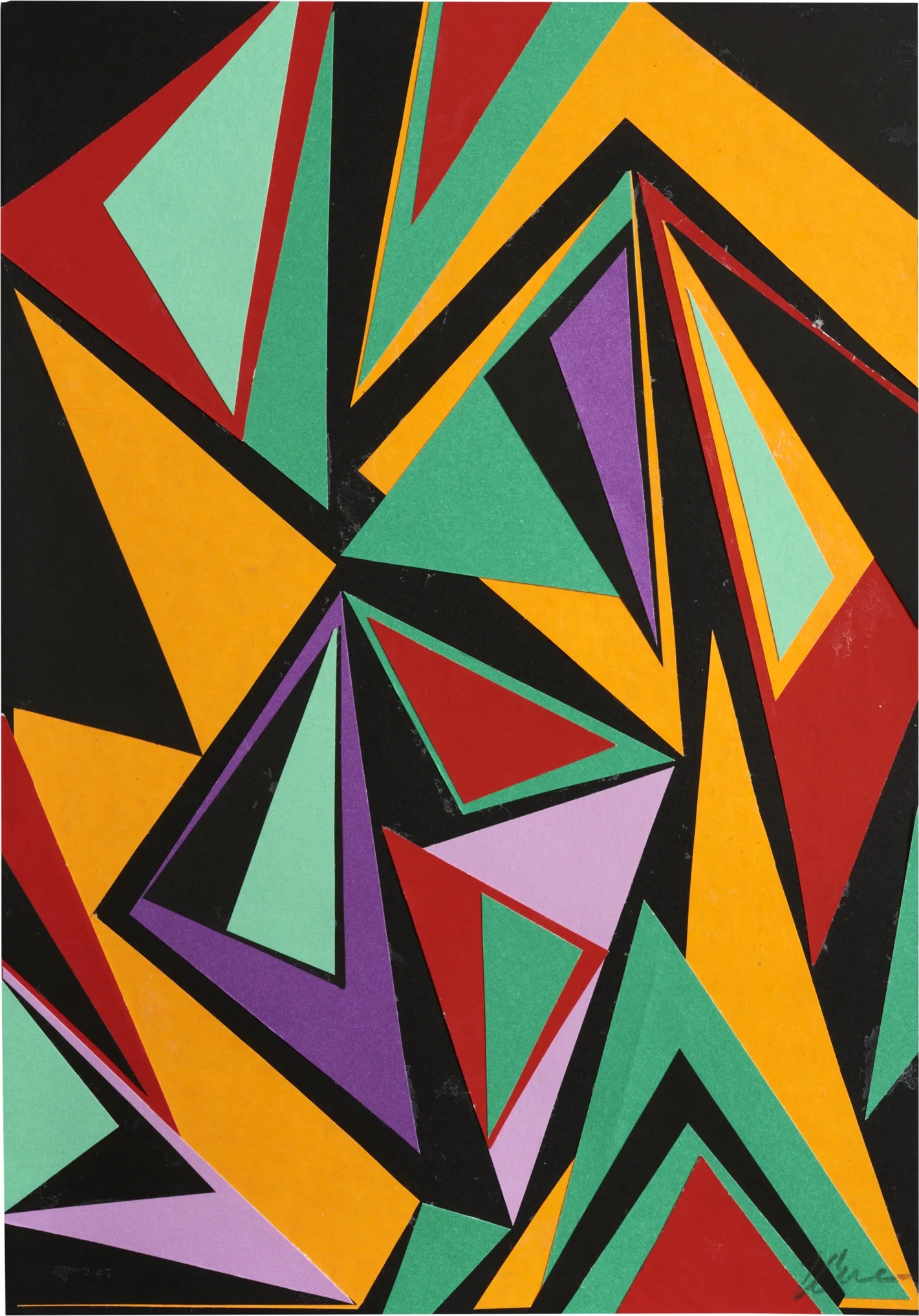 Colour Parade: 1, a colourful paper collage by Kika Pierides with orange, mint, red, green, purple and black geometric shapes.