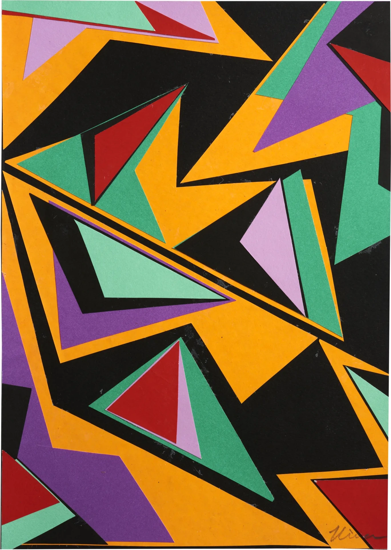 Colour Parade: 2, a colourful paper collage by Kika Pierides with orange, mint, red, purple and black geometric shapes.