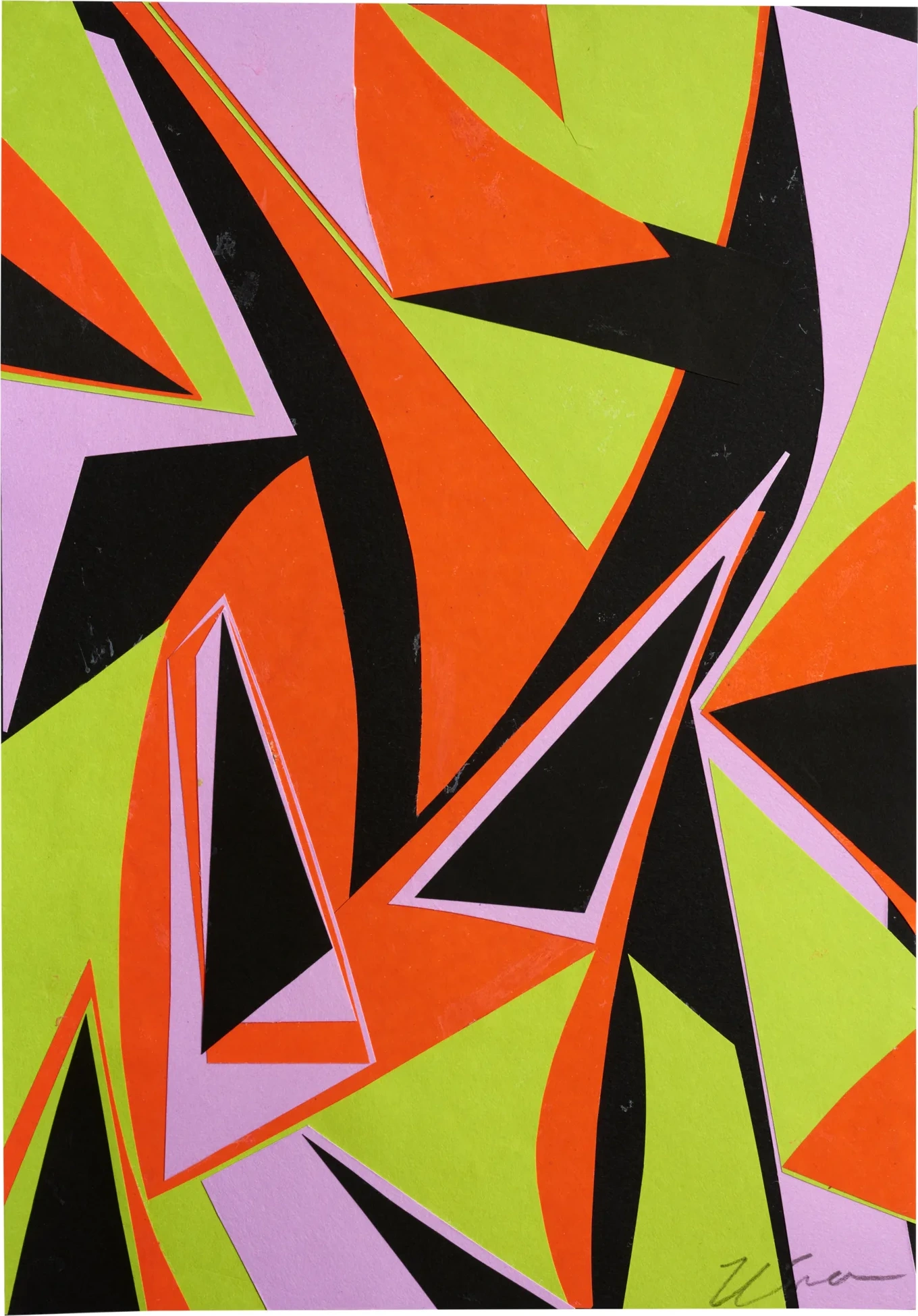 Colour Vision: 4, a colourful paper collage by Kika Pierides with orange, lime green, lilac and black geometric shapes.