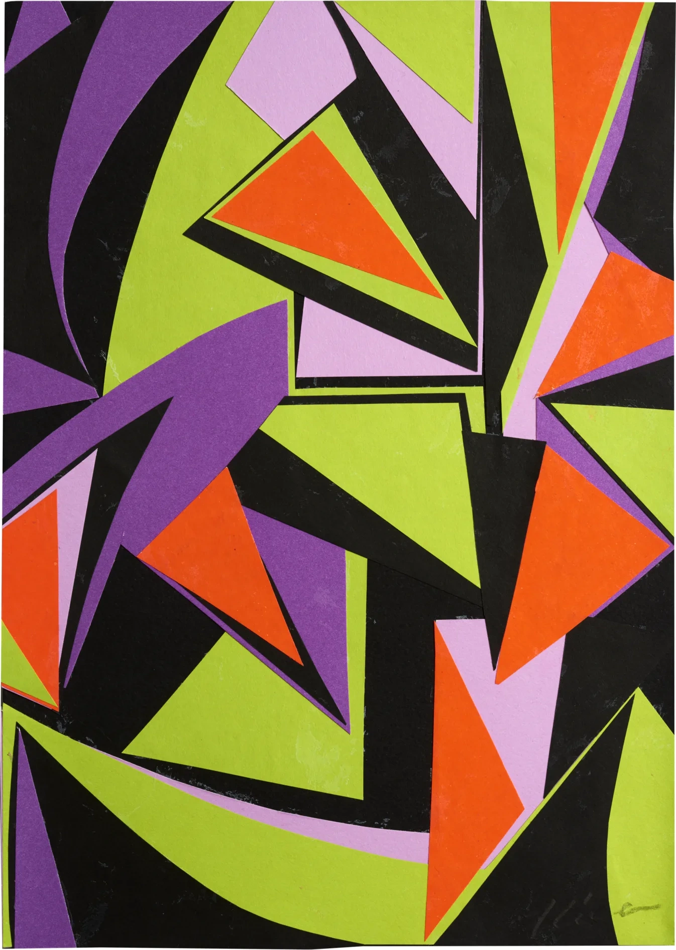 Colour Vision: 5, a colourful paper collage by Kika Pierides with lime green, purple, lilac, orange and black geometric shapes.