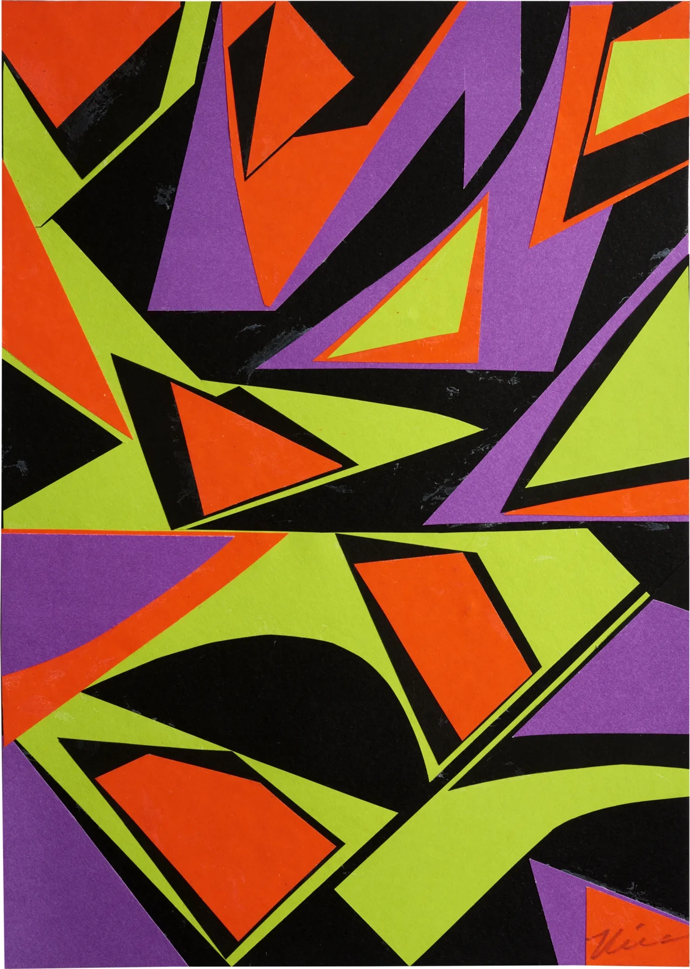 Colour Vision: 6, a colourful paper collage by Kika Pierides with lime green, purple, orange and black geometric shapes.