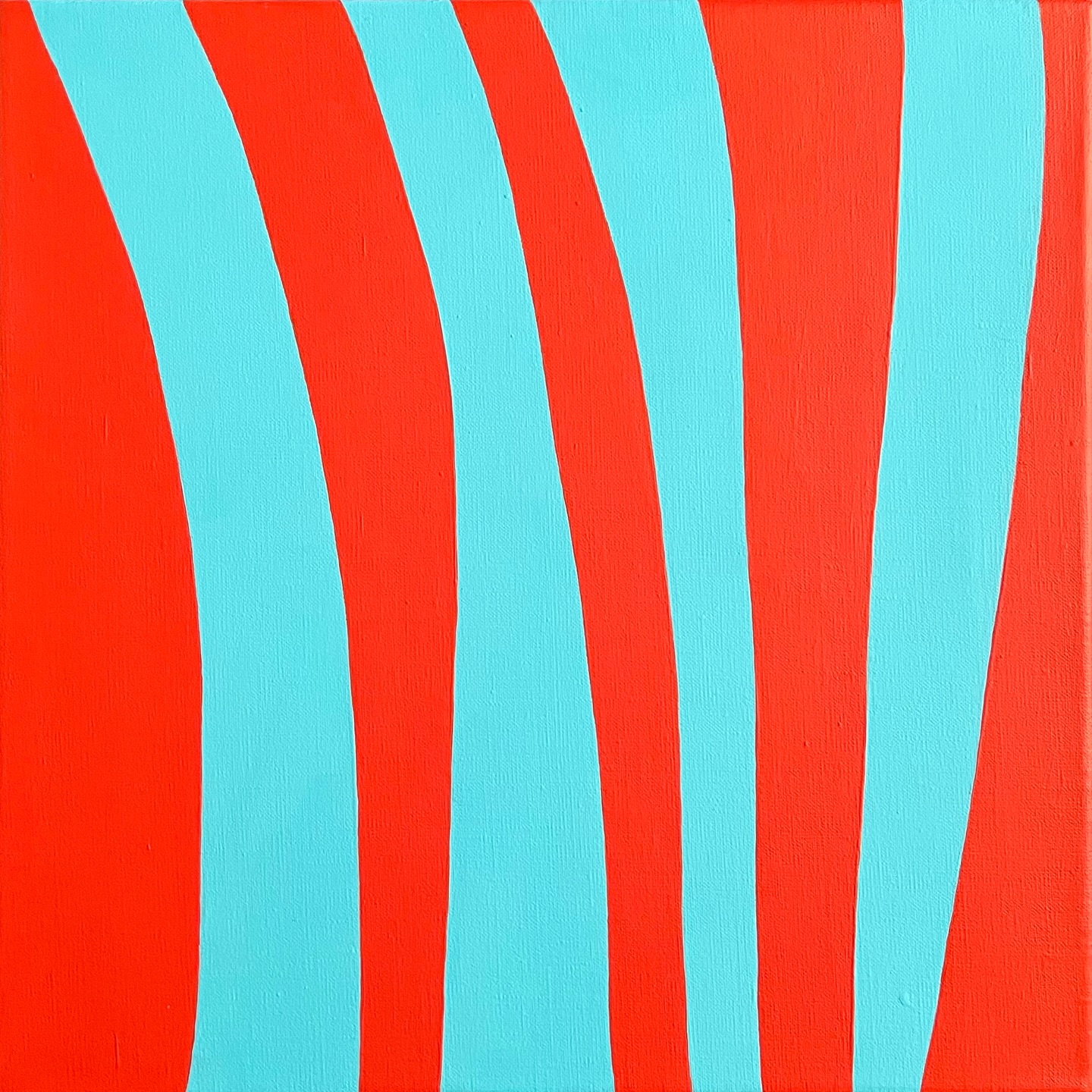 Abstract artwork with bold wavy red-orange and turquoise stripes