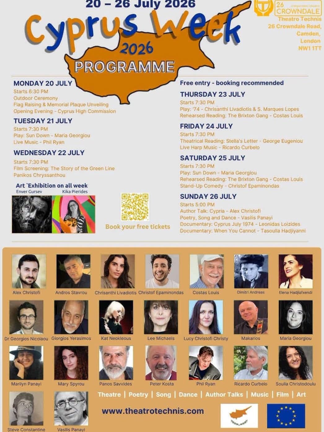Cyprus Week 2026 programme showing the Crossed Roads art exhibition at Theatro Technis