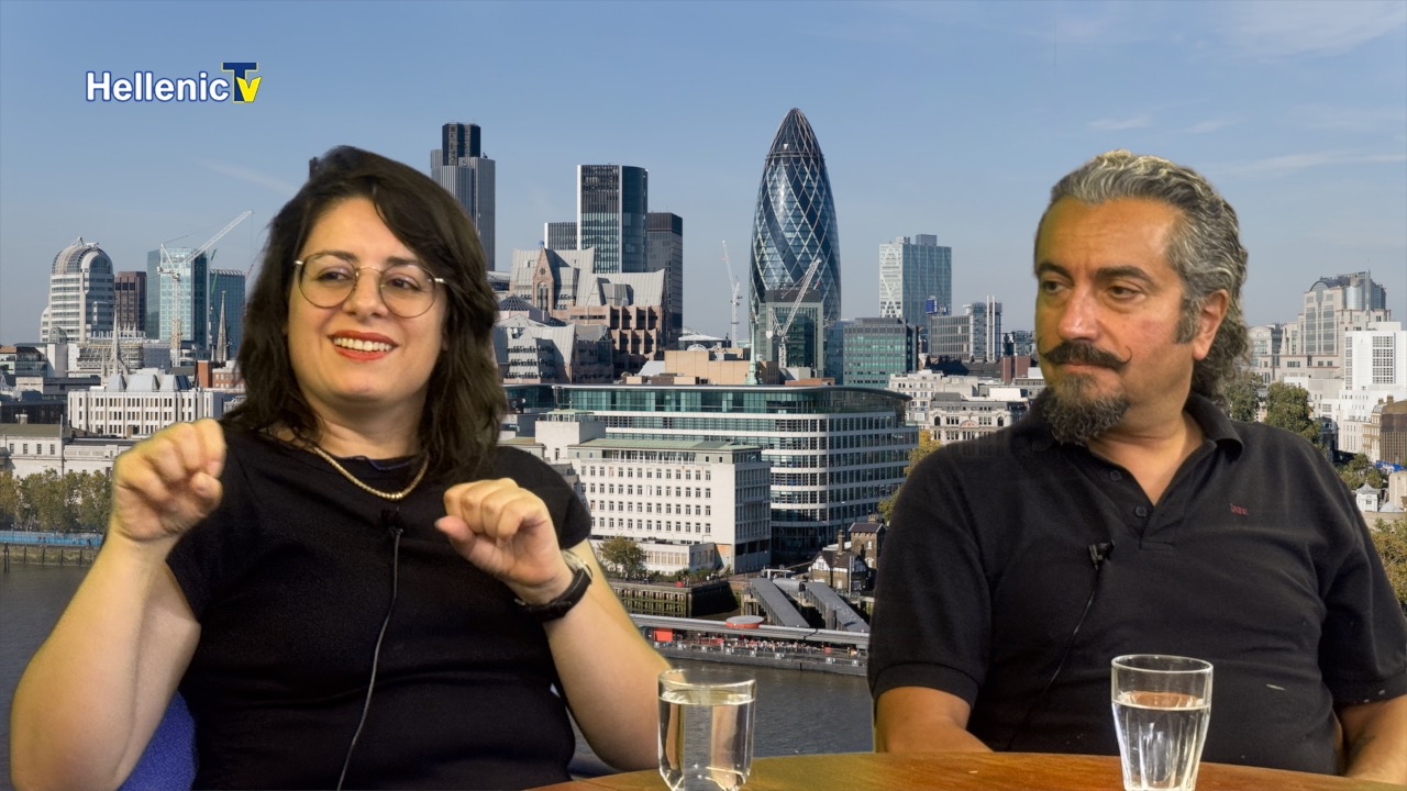Kika Pierides speaking with Hellenic TV host Vasilis Panayi during the interview