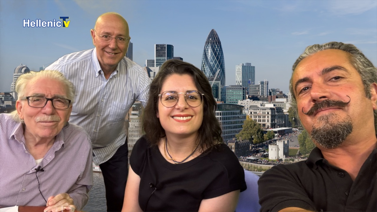 Kika Pierides and fellow guests with Hellenic TV host Vasilis Panayi in the studio