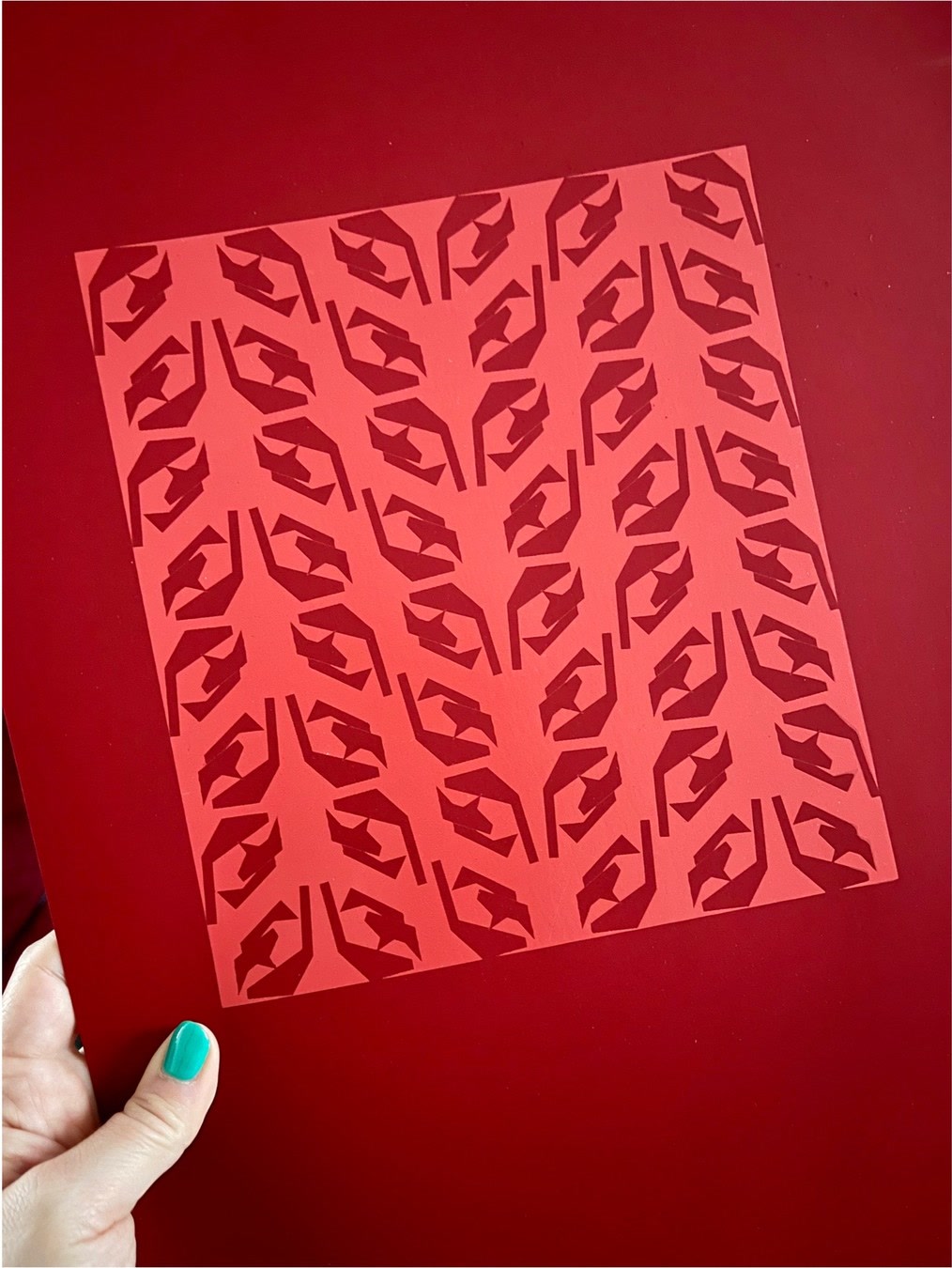 Red geometric print hold.