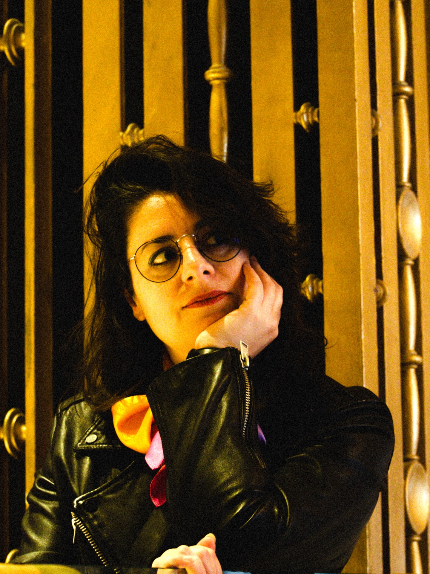 Woman leather jacket portrait.