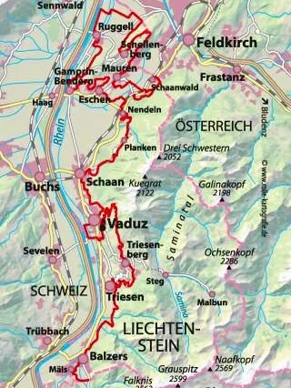 Topographical map showing the Liechtenstein Weg route across Liechtenstein.
