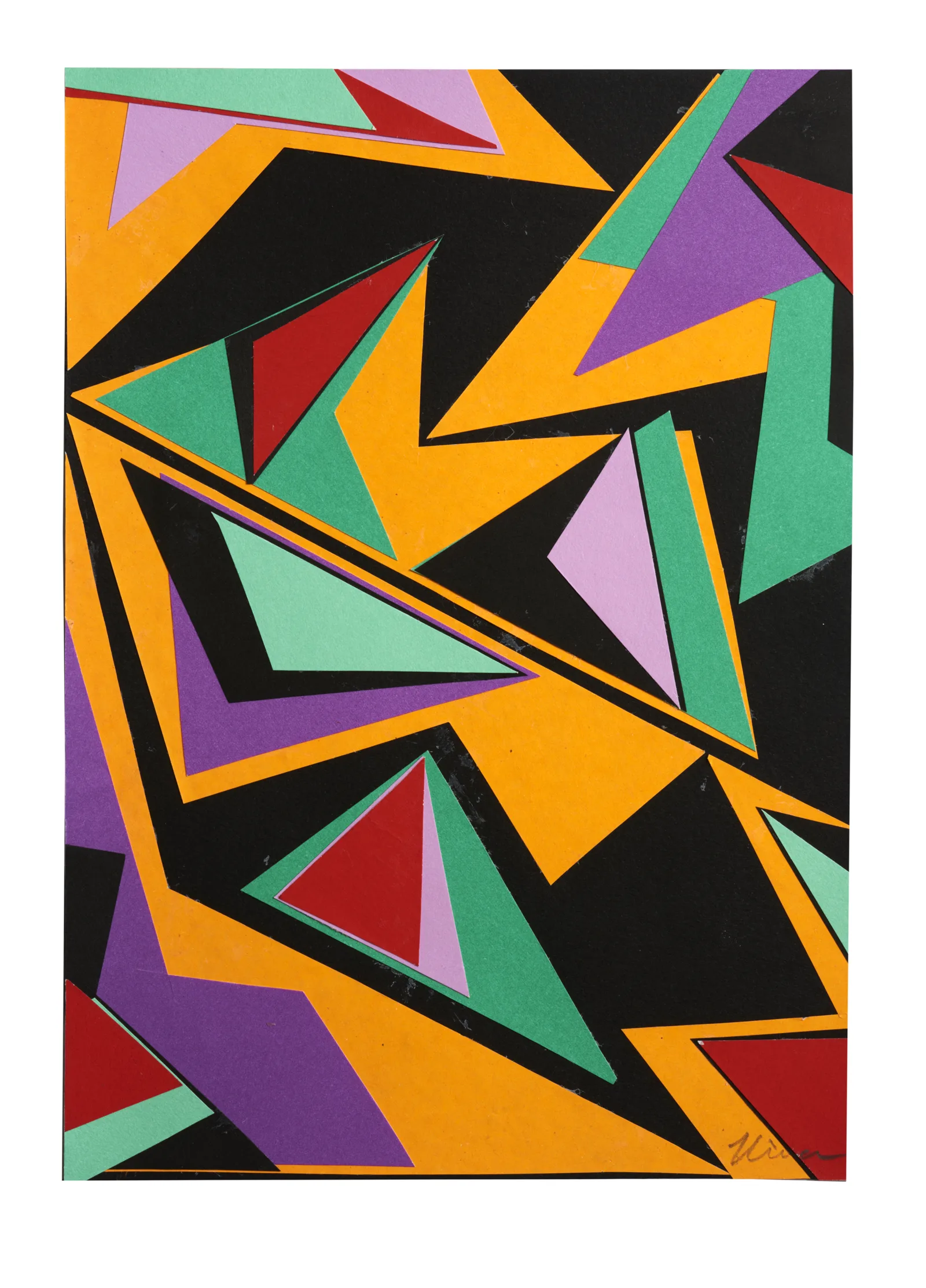 Colour Parade: 2, a colourful paper collage by Kika Pierides with orange, mint, red, purple and black geometric shapes.