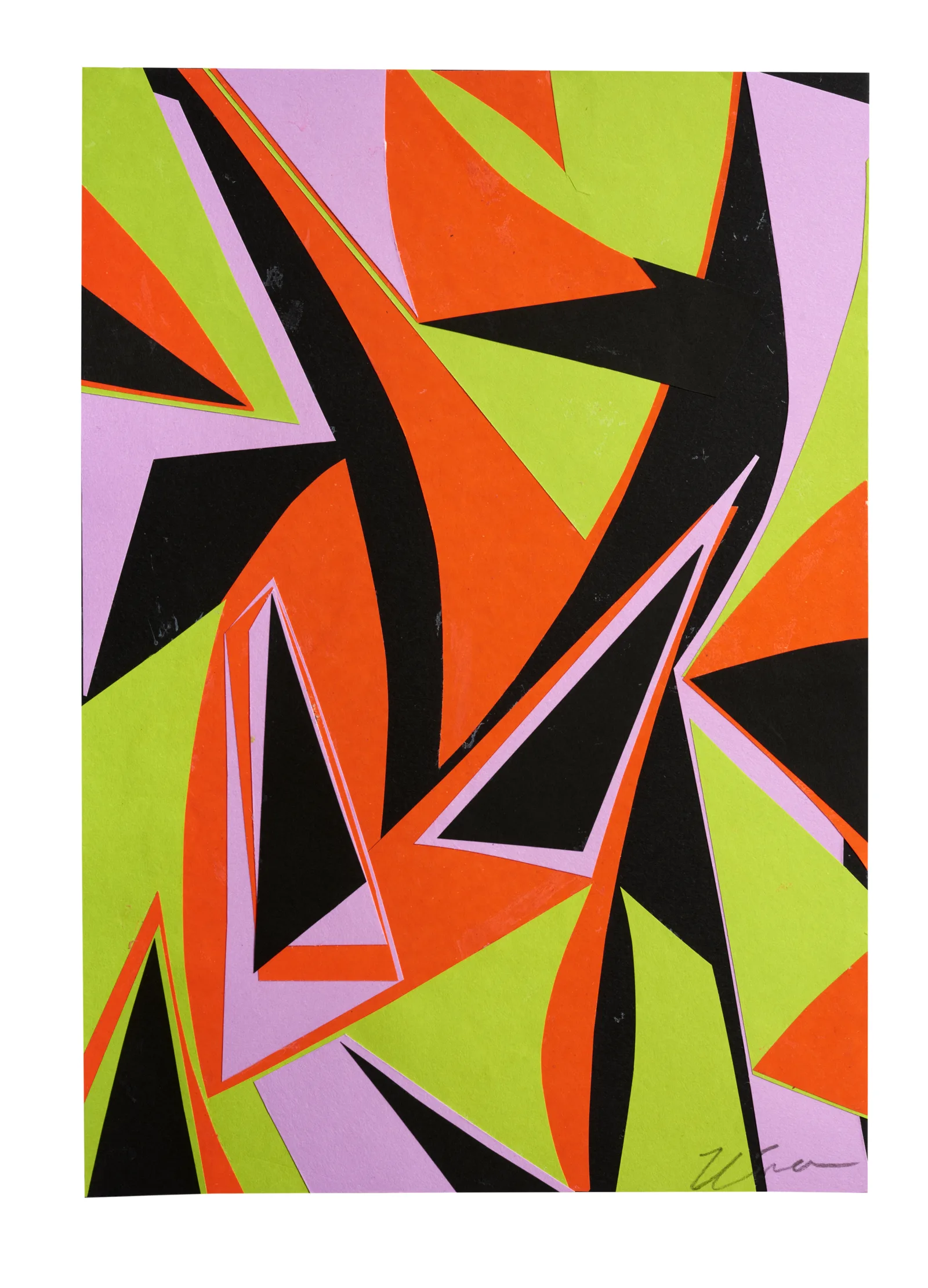 Colour Vision: 4, a colourful paper collage by Kika Pierides with orange, lime green, lilac and black geometric shapes.