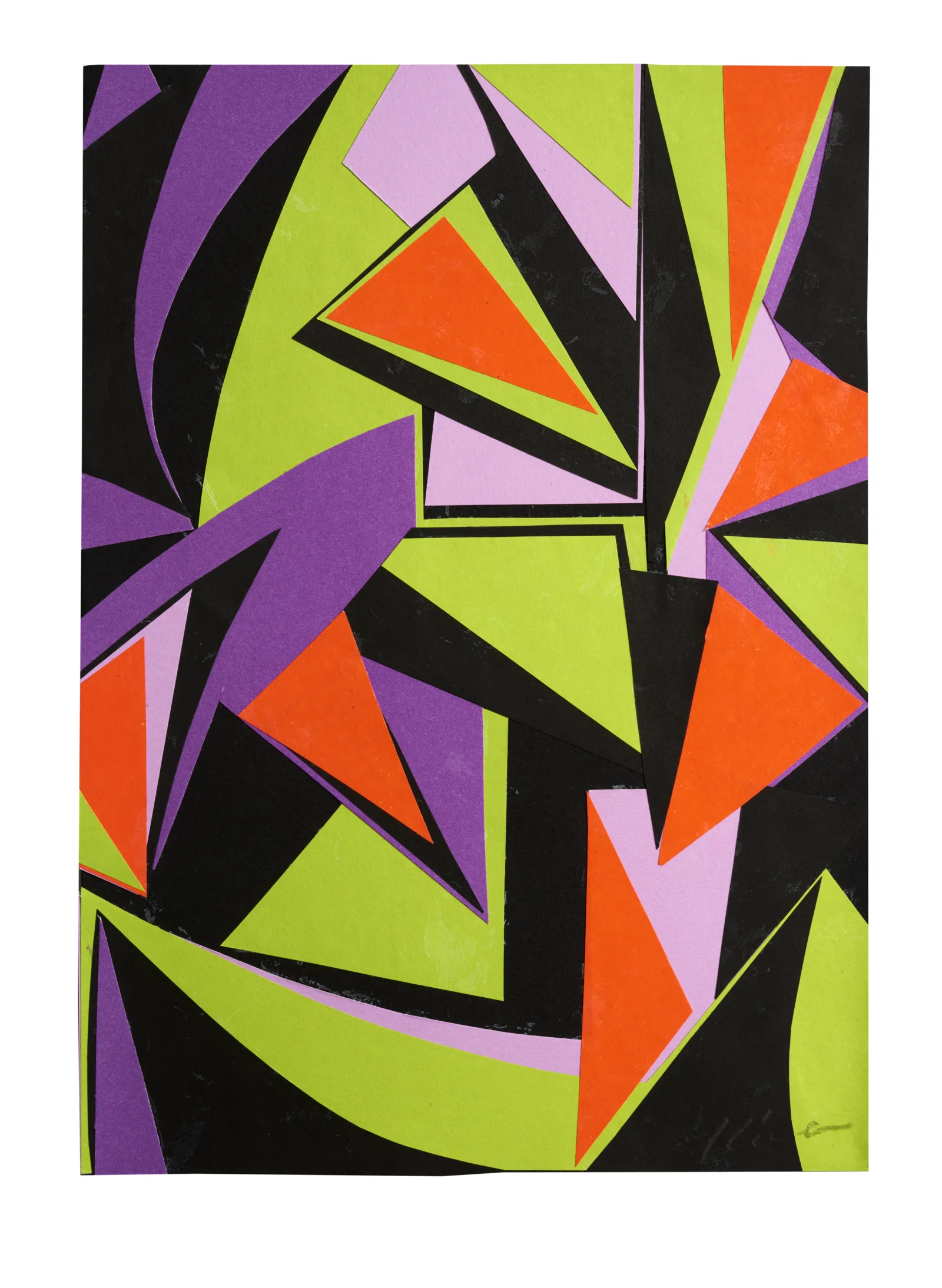 Colour Vision: 5, a colourful paper collage by Kika Pierides with lime green, purple, lilac, orange and black geometric shapes.