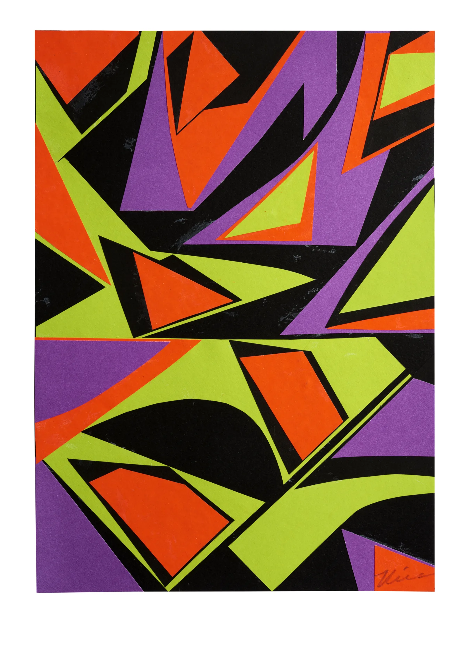 Colour Vision: 6, a colourful paper collage by Kika Pierides with lime green, purple, orange and black geometric shapes.