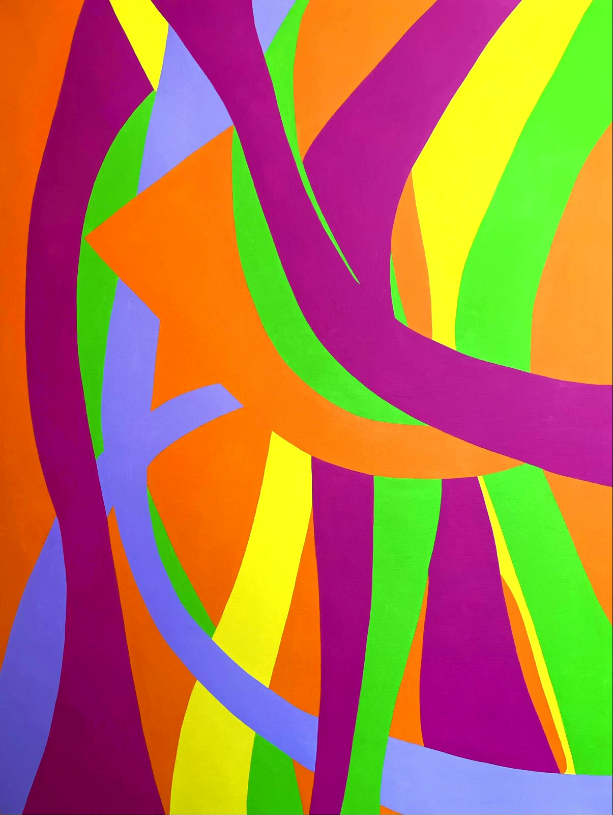 Oopsy Curvy 1, an abstract painting in orange, magenta, green, yellow, and lilac