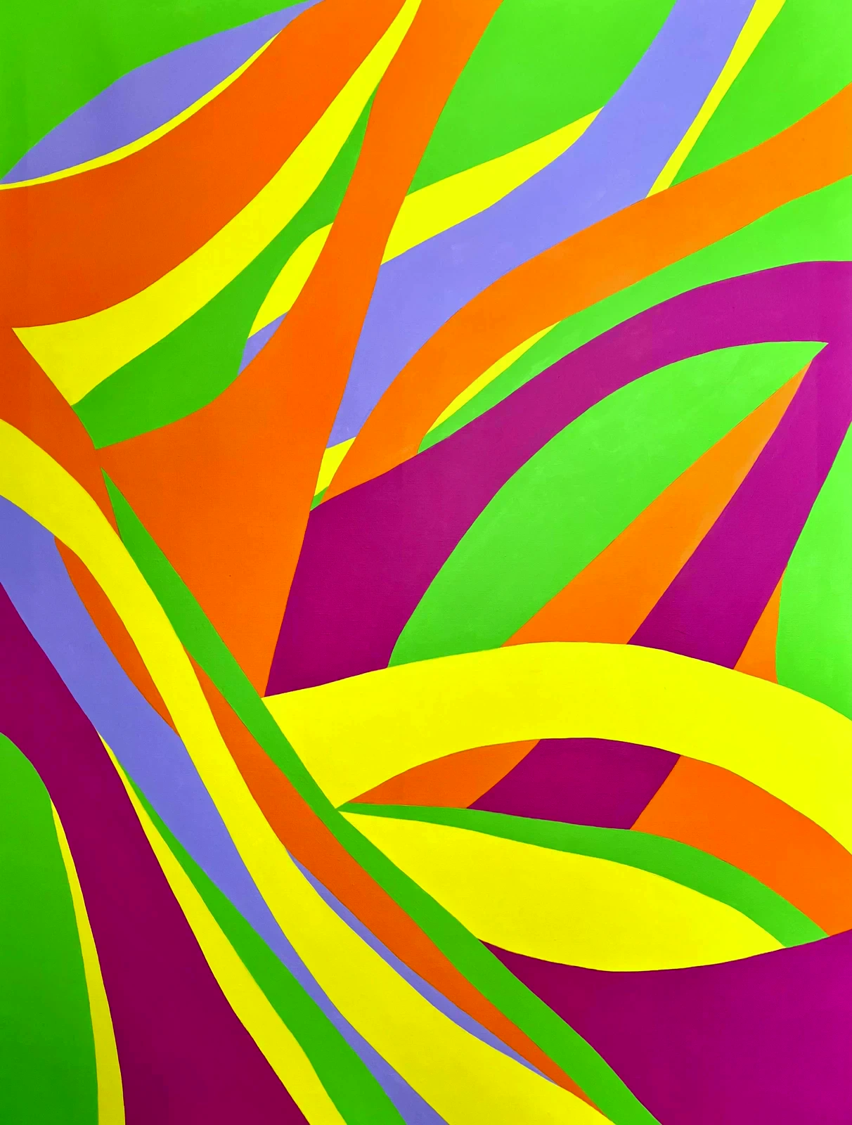 Oopsy Curvy 2, an abstract painting with sweeping orange, green, yellow, lilac, and magenta bands