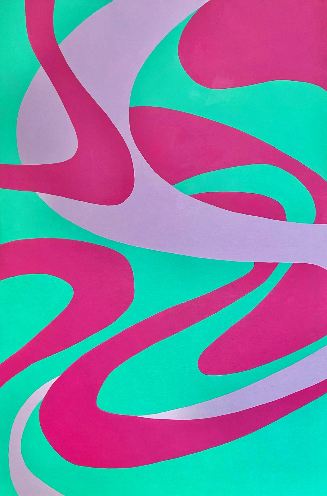 Swirlies 3, an abstract painting in turquoise, pink, and lilac with flowing organic shapes