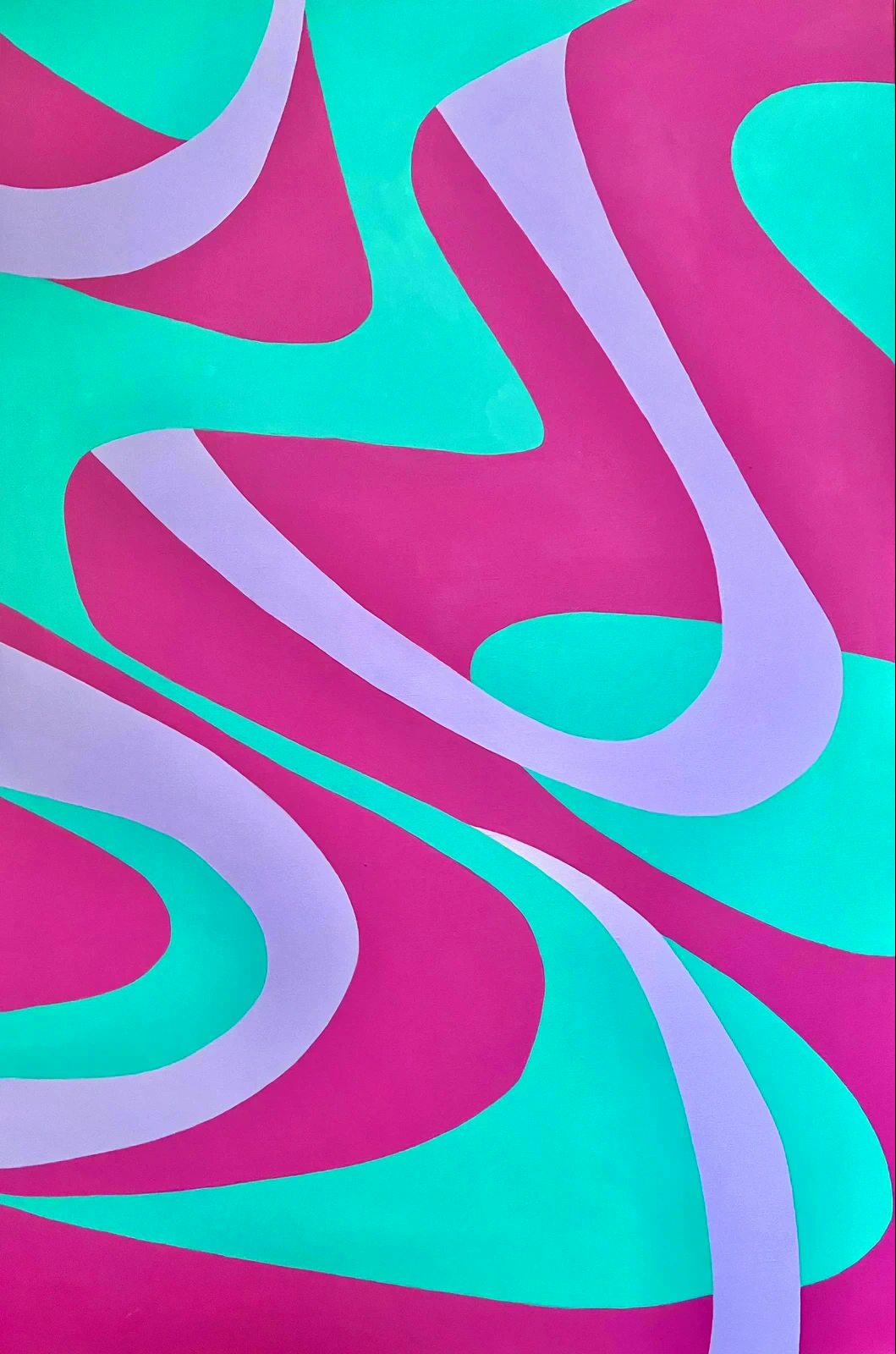 Swirlies 4, an abstract painting in turquoise, pink, and lilac with flowing organic shapes
