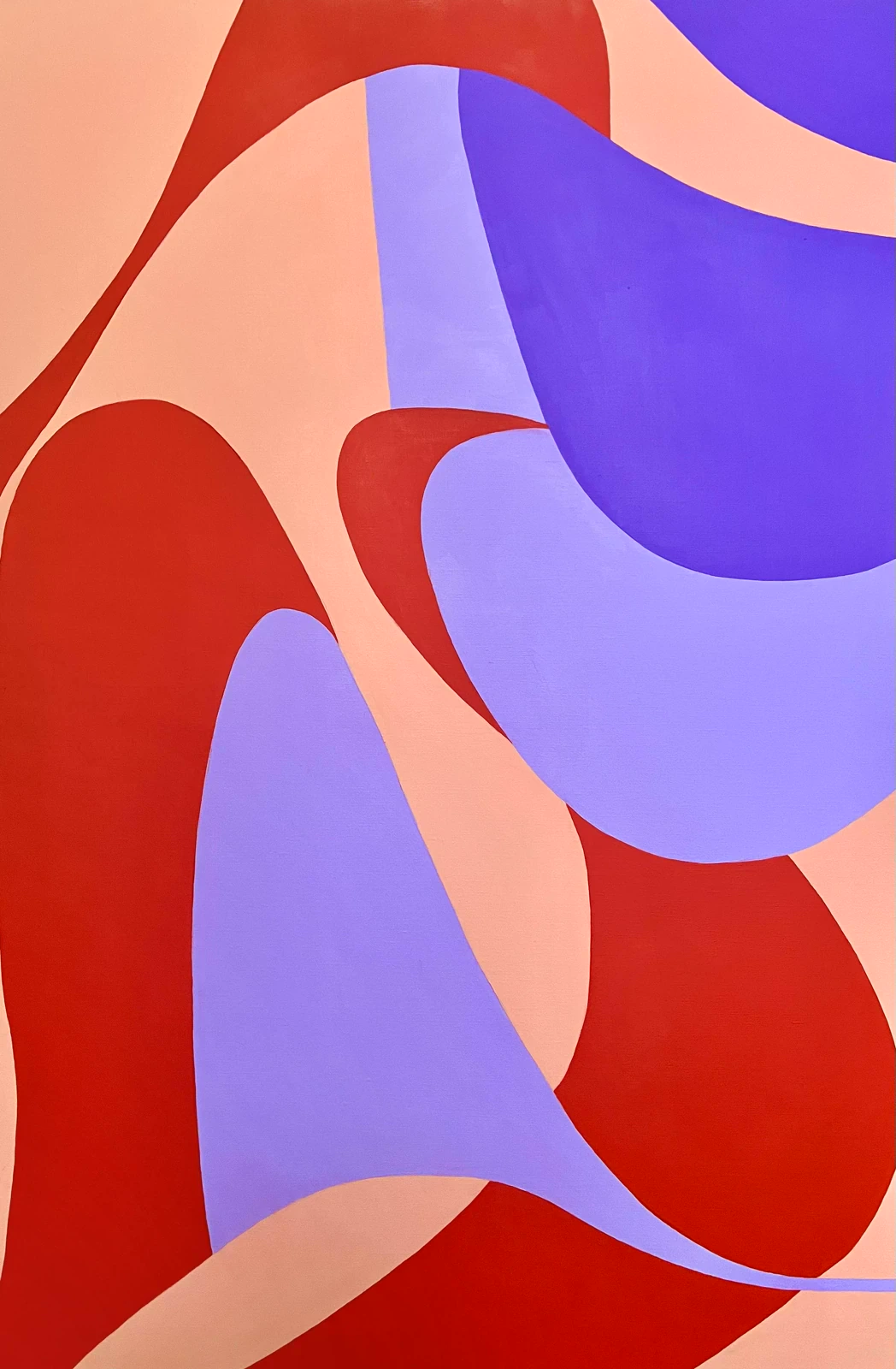 Swirlies 1, an abstract painting in red, peach, and lilac with overlapping curved shapes