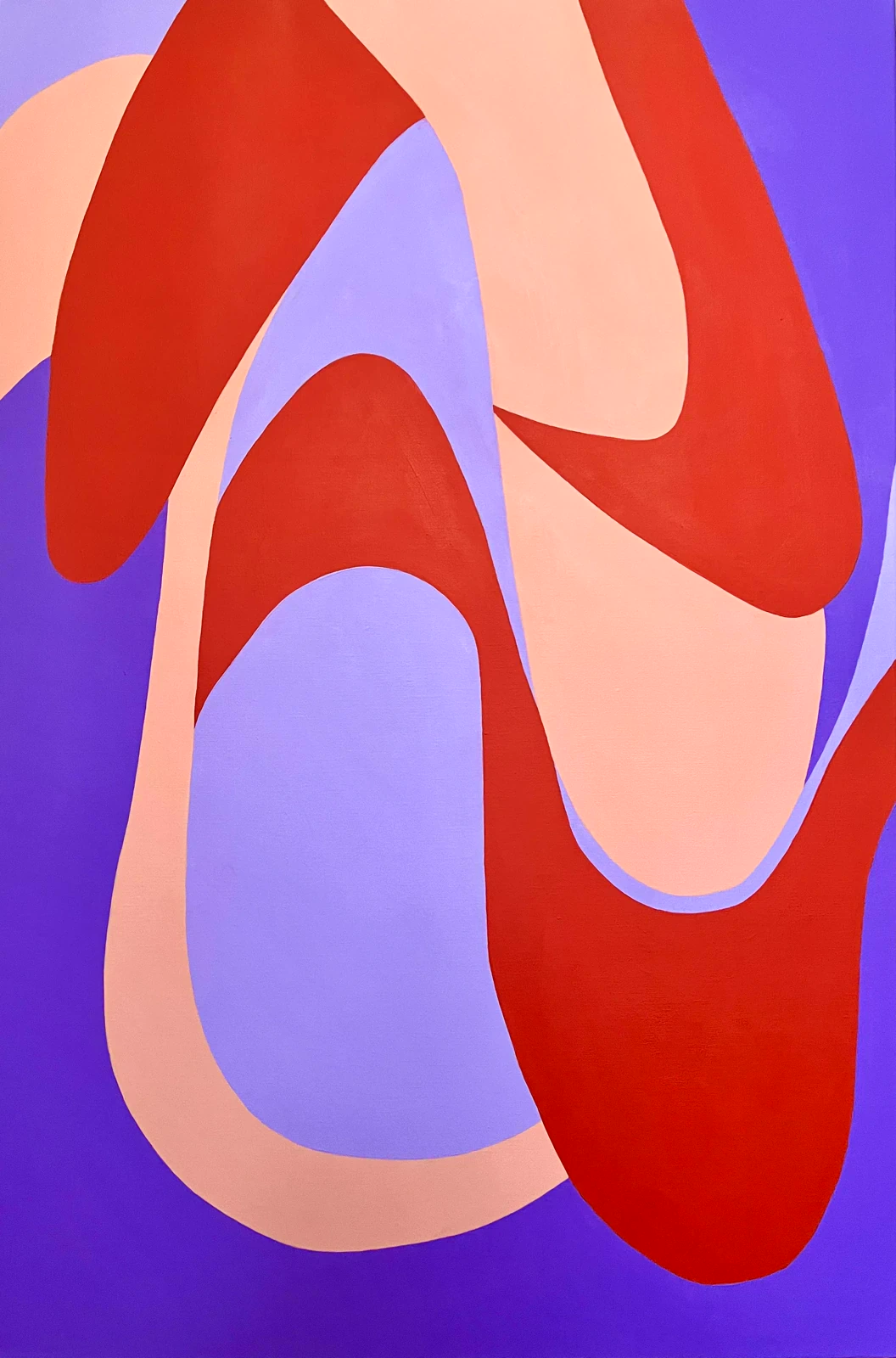 Swirlies 2, an abstract painting in red, peach, and lilac with overlapping curved shapes