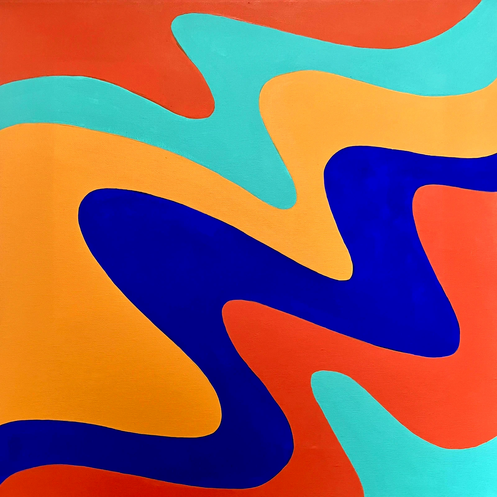 Fiesta, an abstract painting in red, orange, turquoise, and deep blue with bold flowing forms