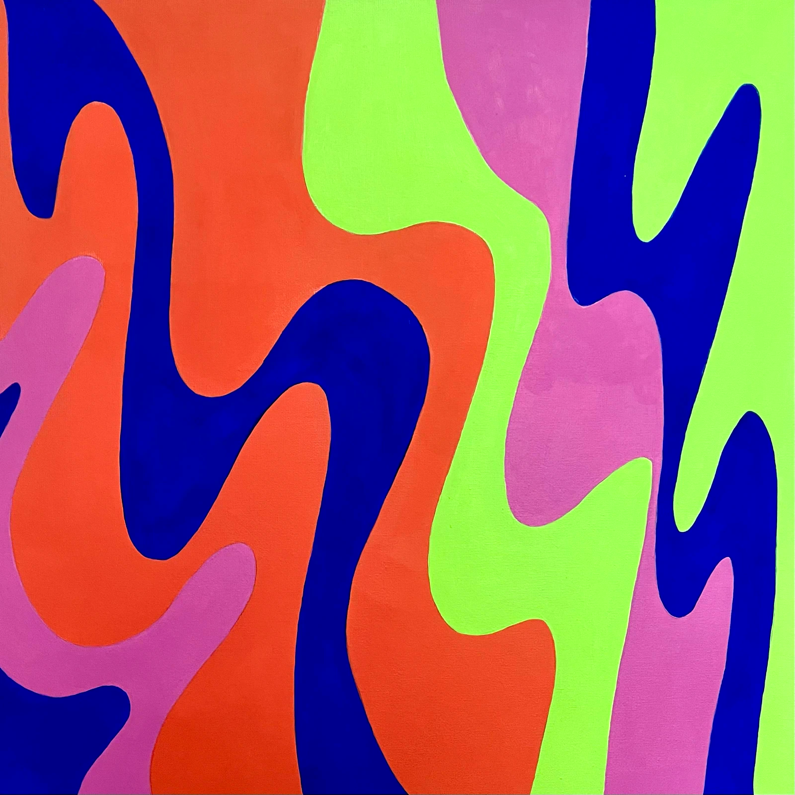 Sizzle, an abstract painting in lime green, red, magenta, and deep blue with playful shapes by Kika Pierides