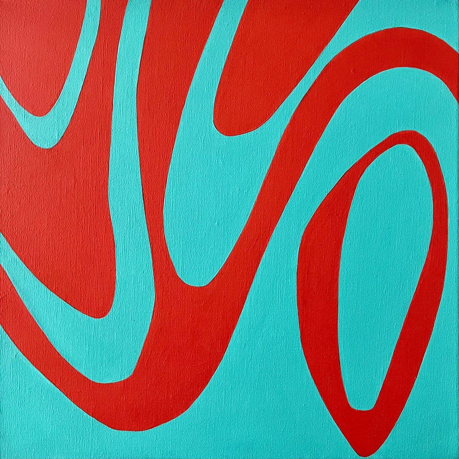 Opulate, an abstract painting in turquoise and red with broad looping lines